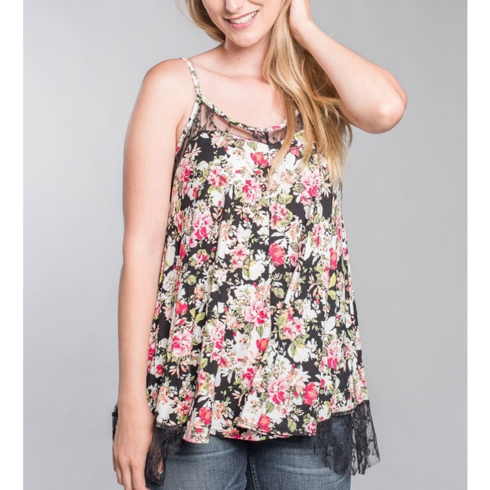 Black Floral Lace Trim Tank Top